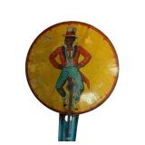 Vintage Round Tin Noise Maker on Blue Handle - Circus Character Artwork
