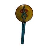 Vintage Round Tin Noise Maker on Blue Handle - Circus Character Artwork