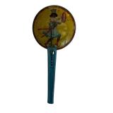 Vintage Round Tin Noise Maker on Blue Handle - Circus Character Artwork