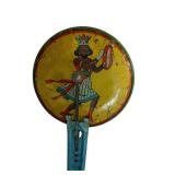 Vintage Round Tin Noise Maker on Blue Handle - Circus Character Artwork