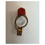 Lone Ranger Flashlight Ring - Vintage Brass, Red Cabochon, Wheat Engraving