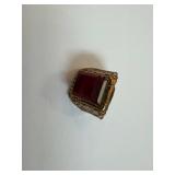 Captain Midnight Mystic Sun God Ring - Red Rectangular Stone in Ornate Gold-Tone Band