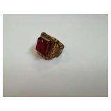 Captain Midnight Mystic Sun God Ring - Red Rectangular Stone in Ornate Gold-Tone Band
