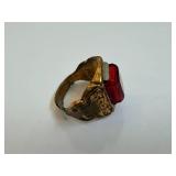 Captain Midnight Mystic Sun God Ring - Red Rectangular Stone in Ornate Gold-Tone Band