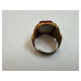 Captain Midnight Mystic Sun God Ring - Red Rectangular Stone in Ornate Gold-Tone Band