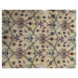 Golden Floral Rug with Green Lattice - Fringed Edge, Vintage Oriental Style Area Rug