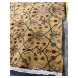 Golden Floral Rug with Green Lattice - Fringed Edge, Vintage Oriental Style Area Rug