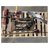 Assorted Workshop Tools & Garden Equipment - Hydraulic Pumps, Saws, Shovels & Forks