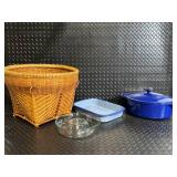 Rachael Ray Blue Enameled Cast Iron Dutch Oven with Lid, Wicker Basket & Bakeware