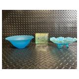 Blue Glass Art Bowls: Ruffled Edge Dish, Frosted Bowl, Birch Forest Tile (Lot of 3)