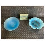 Blue Glass Art Bowls: Ruffled Edge Dish, Frosted Bowl, Birch Forest Tile (Lot of 3)