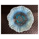 Blue Glass Art Bowls: Ruffled Edge Dish, Frosted Bowl, Birch Forest Tile (Lot of 3)
