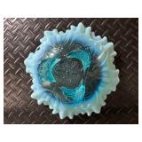 Blue Glass Art Bowls: Ruffled Edge Dish, Frosted Bowl, Birch Forest Tile (Lot of 3)