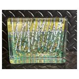 Blue Glass Art Bowls: Ruffled Edge Dish, Frosted Bowl, Birch Forest Tile (Lot of 3)