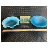 Blue Glass Art Bowls: Ruffled Edge Dish, Frosted Bowl, Birch Forest Tile (Lot of 3)