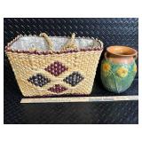 Woven Straw Tote Basket & Sunflower Ceramic Vase