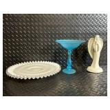 Teleflora Gift Angel Figurine - Blue Glass Dessert Stand & White Ruffled Plate - 3-Piece Set