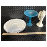 Teleflora Gift Angel Figurine - Blue Glass Dessert Stand & White Ruffled Plate - 3-Piece Set
