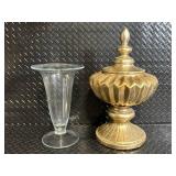 Gold-Tone Ornate Lidded Urn & Clear Glass Hurricane Vase