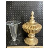 Gold-Tone Ornate Lidded Urn & Clear Glass Hurricane Vase