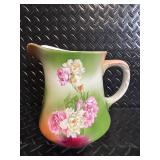 Floral Hand-Painted Pitcher with Pink Roses, Green Gradient - Vintage Ceramic