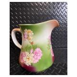 Floral Hand-Painted Pitcher with Pink Roses, Green Gradient - Vintage Ceramic