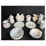 White Ceramic Dinnerware & Decor Lot - Plates, Cups, Mugs, Pitcher, Hen-in-Basket