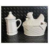 White Ceramic Dinnerware & Decor Lot - Plates, Cups, Mugs, Pitcher, Hen-in-Basket