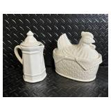 White Ceramic Dinnerware & Decor Lot - Plates, Cups, Mugs, Pitcher, Hen-in-Basket