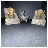 Vintage Rustic Cannon Candle Holders With Central Dog Figurine - Wood & Brass