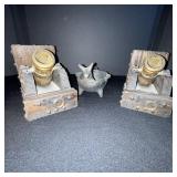 Vintage Rustic Cannon Candle Holders With Central Dog Figurine - Wood & Brass