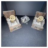 Vintage Rustic Cannon Candle Holders With Central Dog Figurine - Wood & Brass