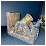Vintage Rustic Cannon Candle Holders With Central Dog Figurine - Wood & Brass