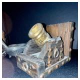 Vintage Rustic Cannon Candle Holders With Central Dog Figurine - Wood & Brass