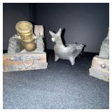 Vintage Rustic Cannon Candle Holders With Central Dog Figurine - Wood & Brass