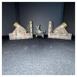 Vintage Rustic Cannon Candle Holders With Central Dog Figurine - Wood & Brass