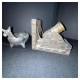 Vintage Rustic Cannon Candle Holders With Central Dog Figurine - Wood & Brass