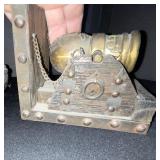 Vintage Rustic Cannon Candle Holders With Central Dog Figurine - Wood & Brass