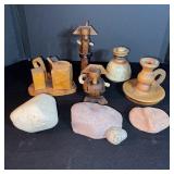 Wooden Carved Figurines & Stone Decor - Rustic Folk Art Set