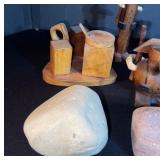 Wooden Carved Figurines & Stone Decor - Rustic Folk Art Set