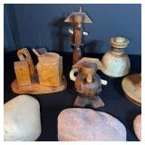 Wooden Carved Figurines & Stone Decor - Rustic Folk Art Set