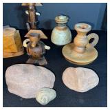 Wooden Carved Figurines & Stone Decor - Rustic Folk Art Set