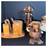 Wooden Carved Figurines & Stone Decor - Rustic Folk Art Set