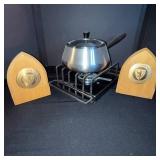 Stainless Steel Pot with Lid on Portable Camp Stove & 2 Wooden Crest Plaques