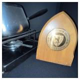 Stainless Steel Pot with Lid on Portable Camp Stove & 2 Wooden Crest Plaques