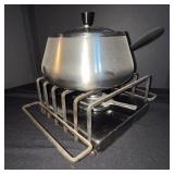 Stainless Steel Pot with Lid on Portable Camp Stove & 2 Wooden Crest Plaques