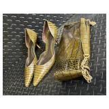 Ann Taylor Crocodile-Embossed Leather Bag & Olive-Gold Pumps, 8 1/2 M