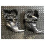 Coach Fur-Trim Leather Boots with Buckle Strap - Black, High Heel