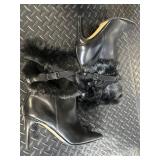 Coach Fur-Trim Leather Boots with Buckle Strap - Black, High Heel