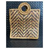 Woven Palm Leaf Handbag with Round Ring Handle - Natural Tan & Dark Zigzag Pattern